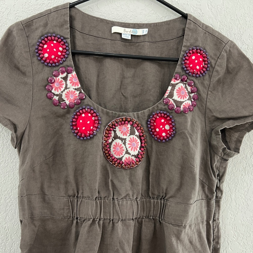 Boden Womens US 10 Brown Cotton Beaded Applique Tunic Dress Short Sleeve Boho - Picture 2 of 11